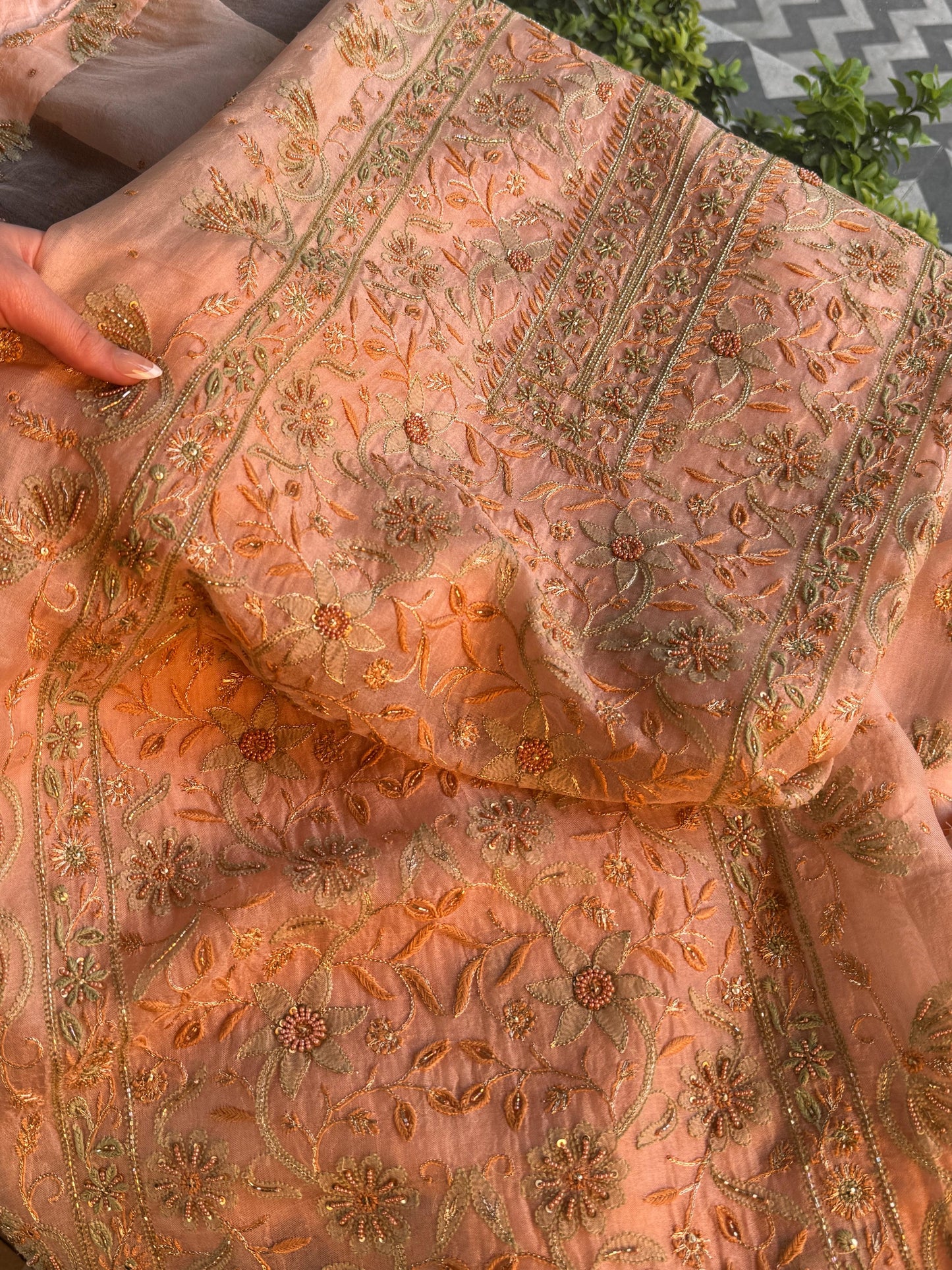 Floral Soft Peach Shade Noor Organza Chikankari Unstitched Fabric