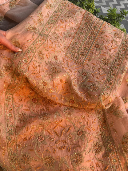 Floral Soft Peach Shade Noor Organza Chikankari Unstitched Fabric