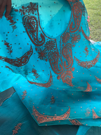 Peacock Blue Noor Organza Silk Chikankari Unstitched Kurta Dupatta Set