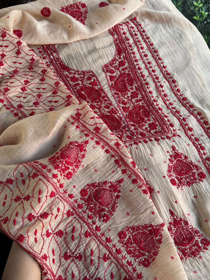 Beige & Red Mal Chanderi Silk Chikankari With Sequins Unstitched Kurta Dupatta Set