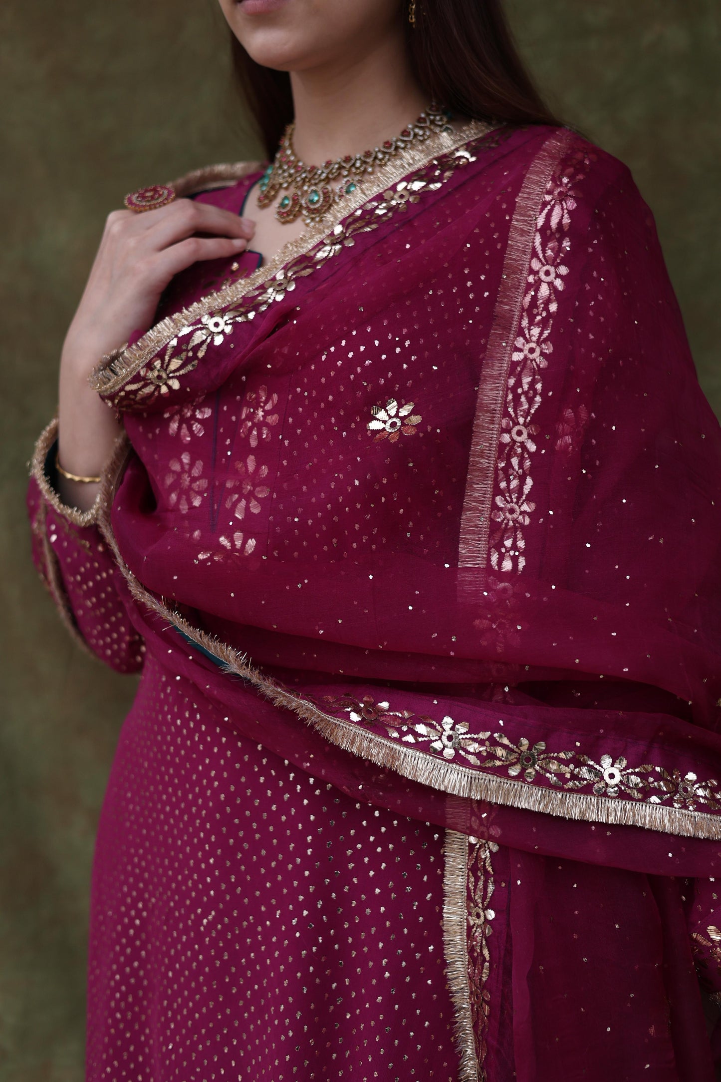 Mukaish Kamdani Plum shade Pure Georgette Kurta Gharara Set with Organza Dupatta