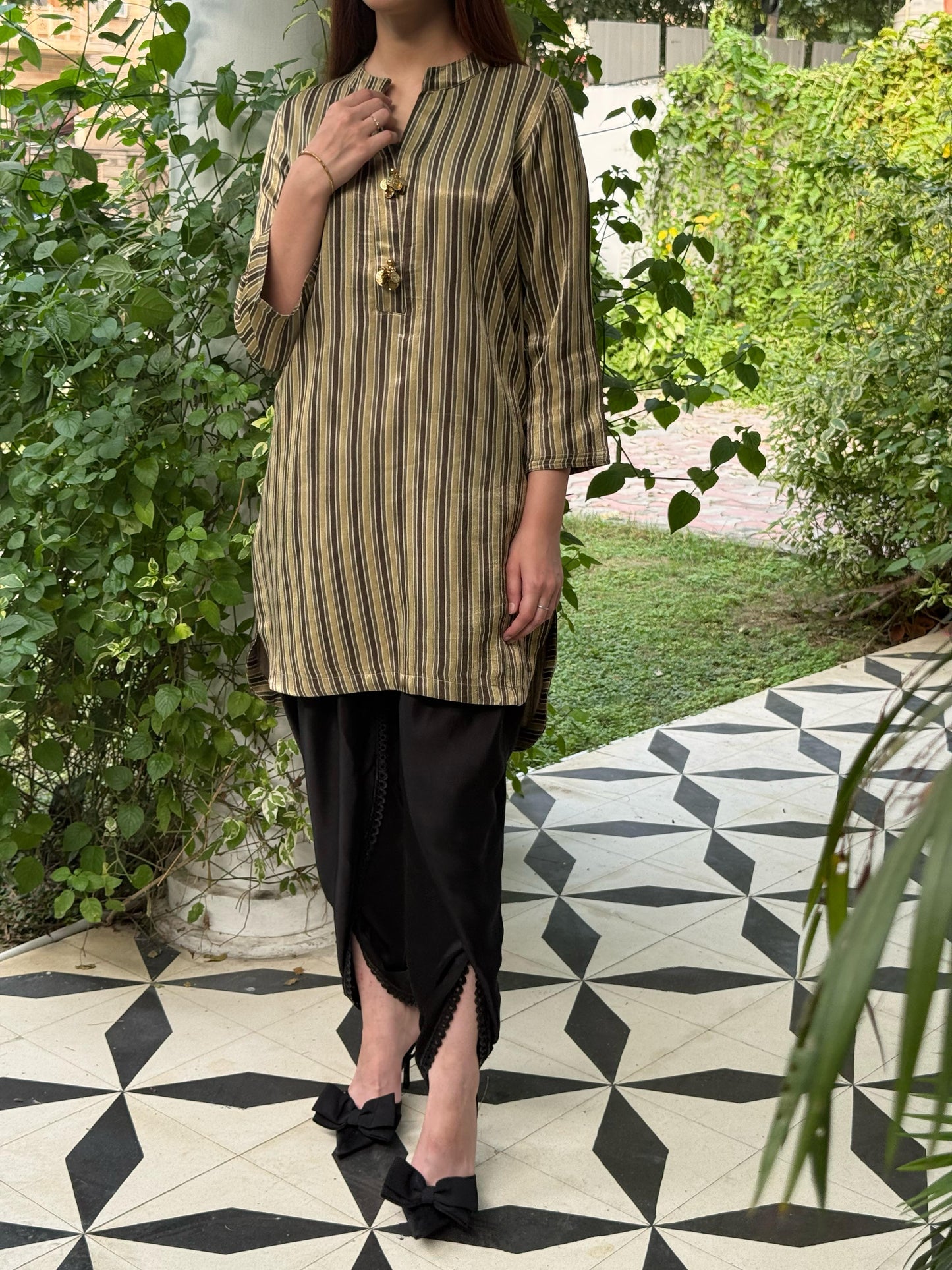 Ajrak Tan Brown Shade Mashru Silk, Short Kurta