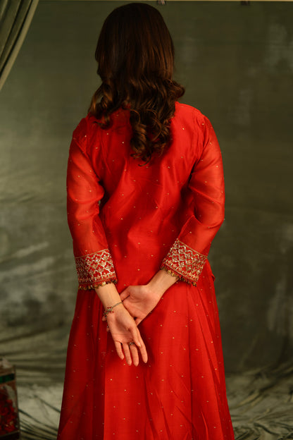 Red & Purple Maheshwari Silk Awadhi Zardosi Kurta Set