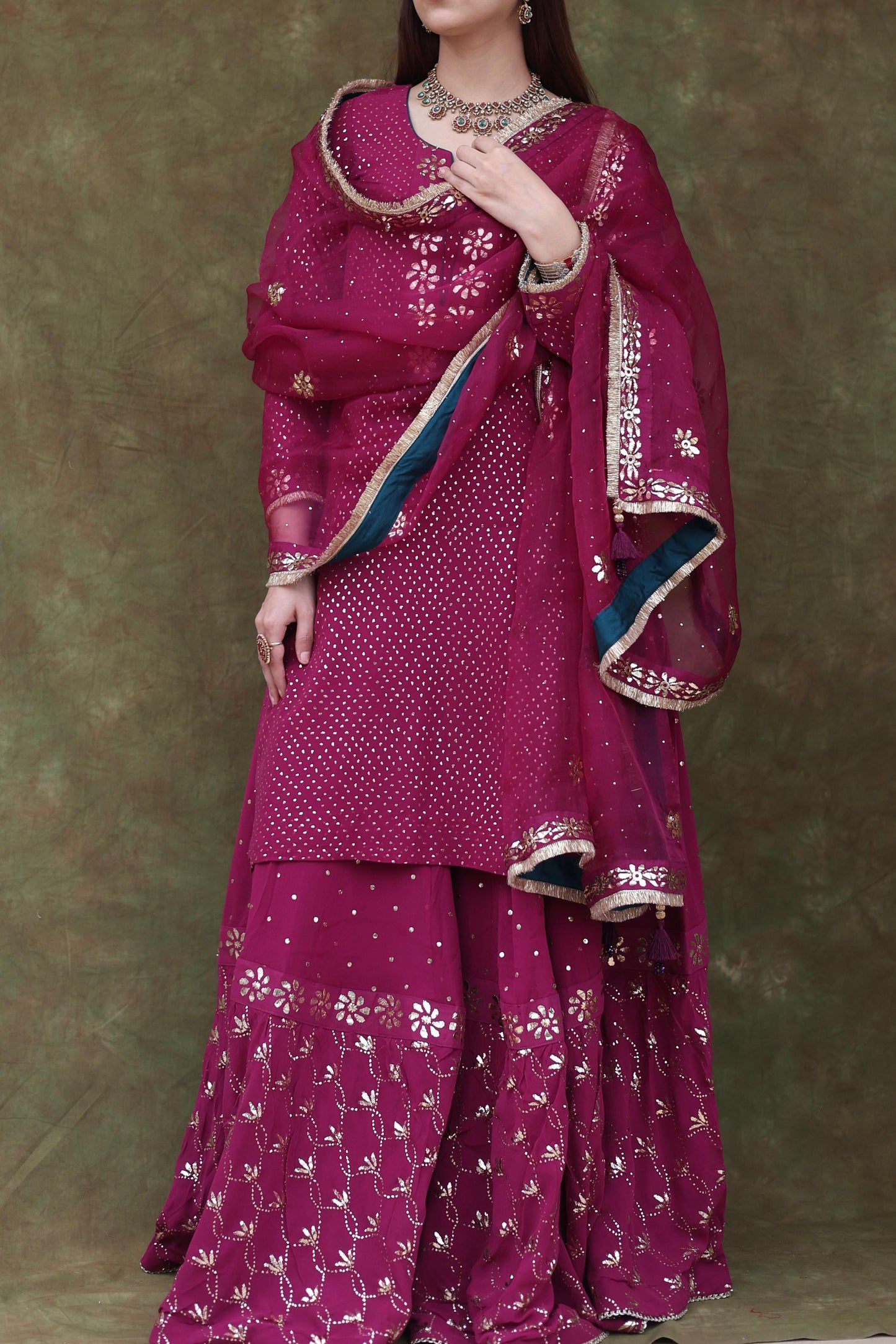 Mukaish Kamdani Plum shade Pure Georgette Kurta Gharara Set with Organza Dupatta