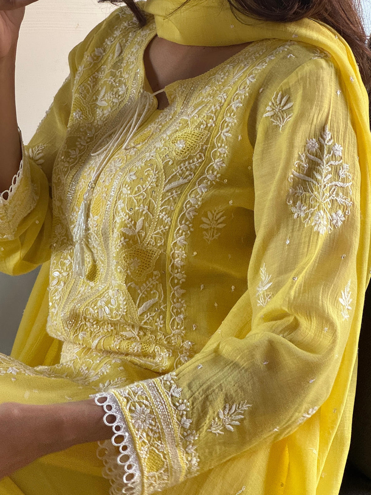 Yellow Shade Malmal Pearl White Chikankari Ready to Wear Kurta Set
