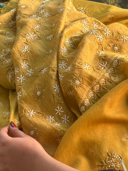 Mustard Yellow Shade Chanderi Chikankari Saree