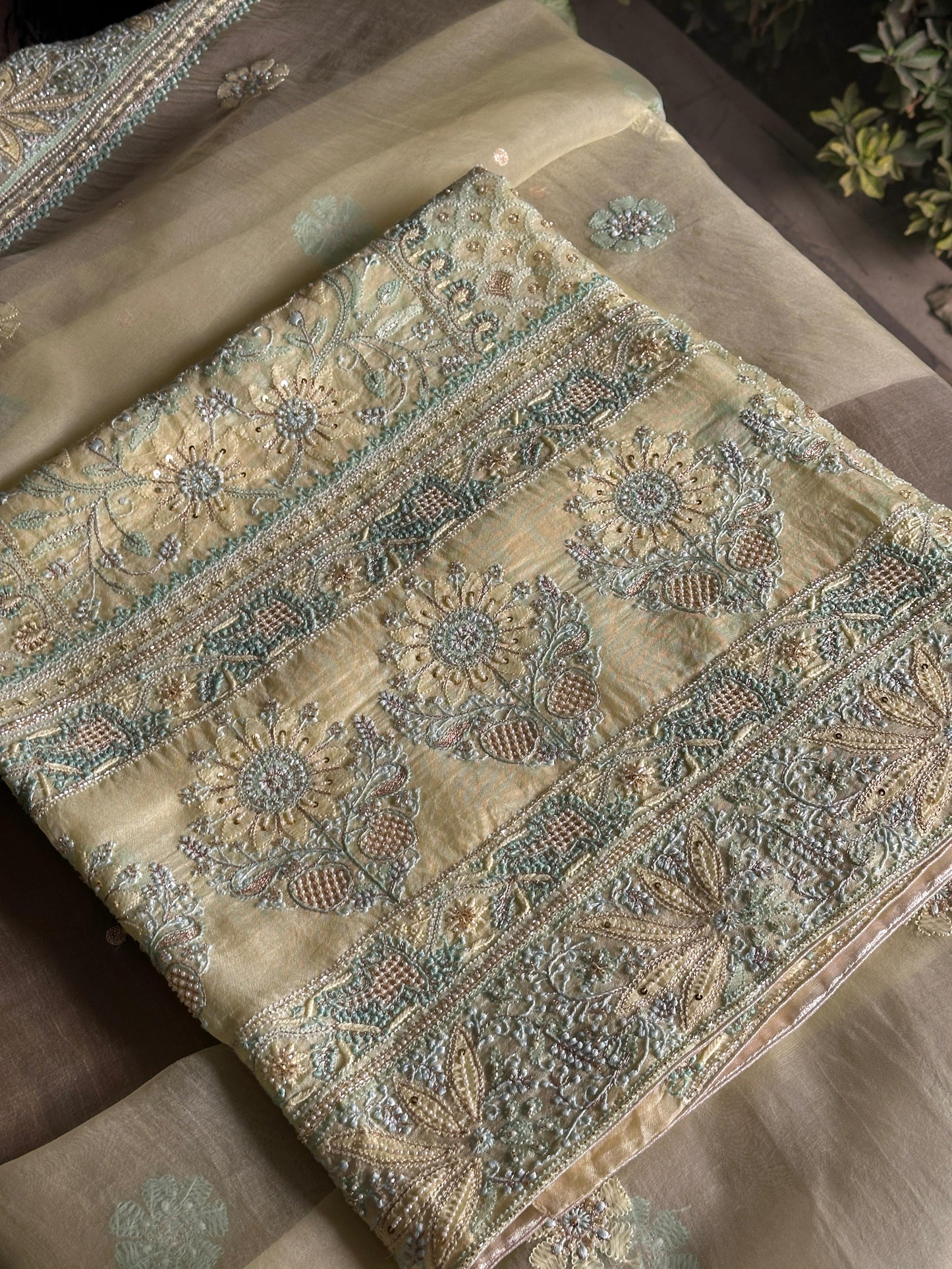 Lemon Shade Noor Banarasi Organza Chikankari Unstitched Fabric