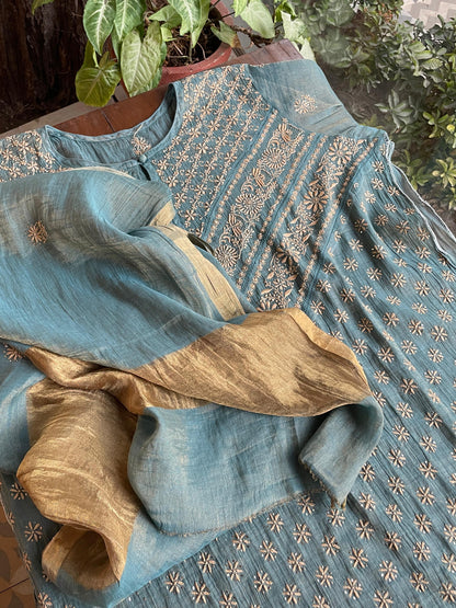 Grey Blue Shade | Tissue Silk Chikankari Work Kurta Set