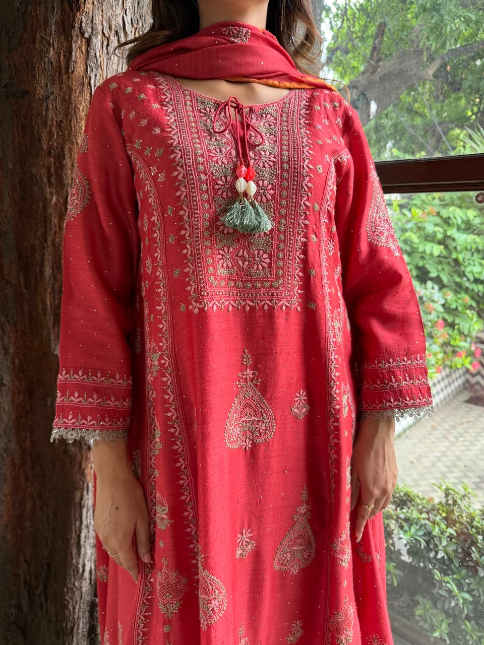 Brick Red Moonga Silk Chikankari Anarkali With Dupatta