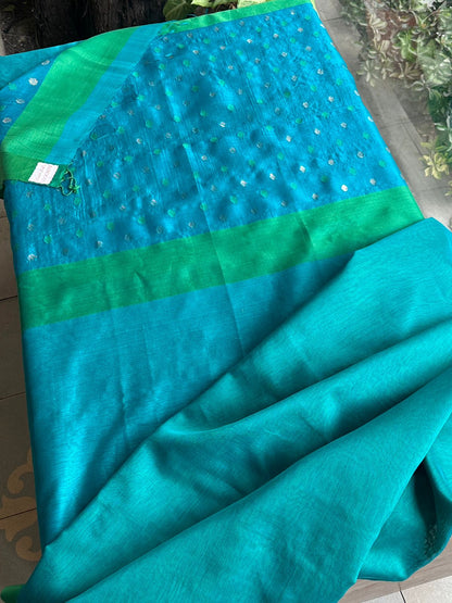 Blue Woven Butta Saree with Contrast Green Border