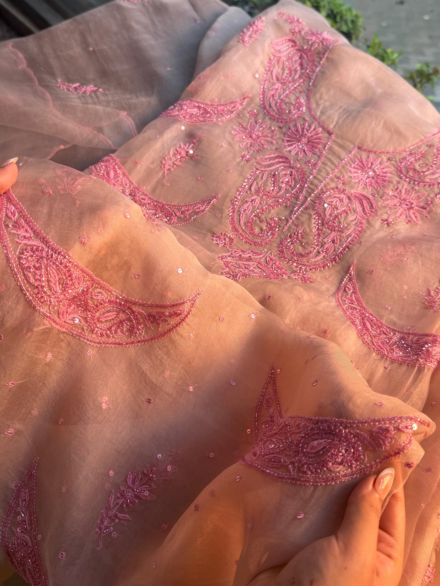 Beige & Pink Noor Organza Silk Chikankari Unstitched Kurta Dupatta Set