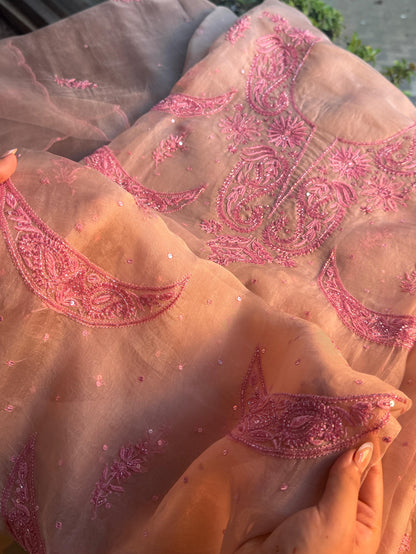 Beige & Pink Noor Organza Silk Chikankari Unstitched Kurta Dupatta Set