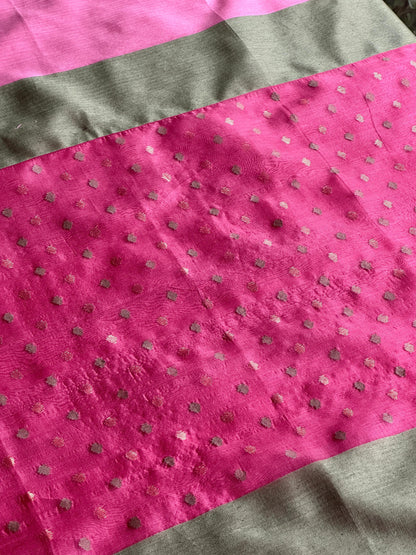 Hot Pink Woven Butta Saree with Contrast Grey Border