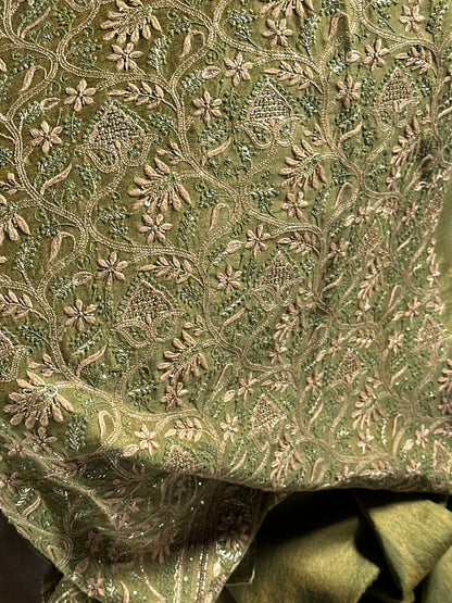 Green Tissue Silk Chikankari Unstitched Fabric