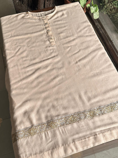 Soft Cream Shade Kashmiri Pashmina Phiran with Handcrafted Ari & Chikankari Embroidery