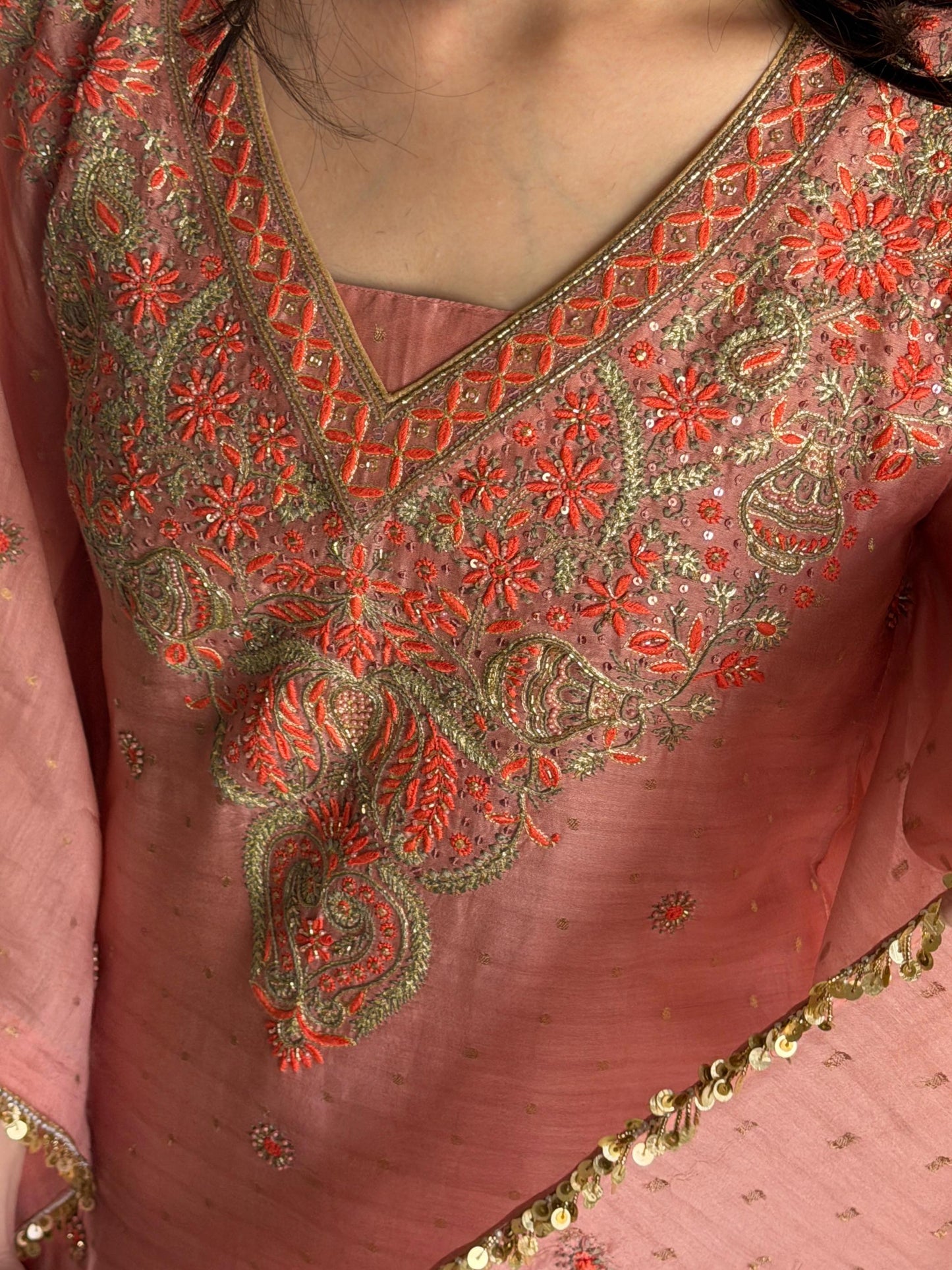 Peach Shade Zari Chanderi Chikankari Kaftan