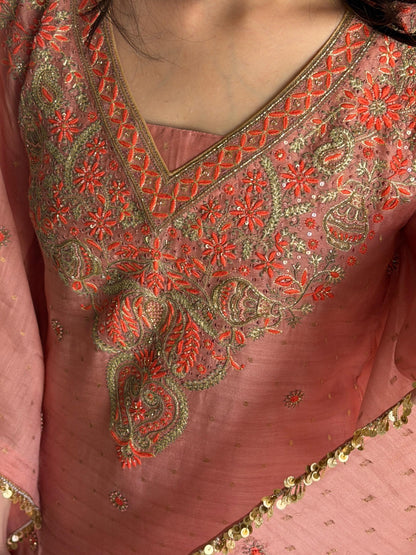 Peach Shade Zari Chanderi Chikankari Kaftan