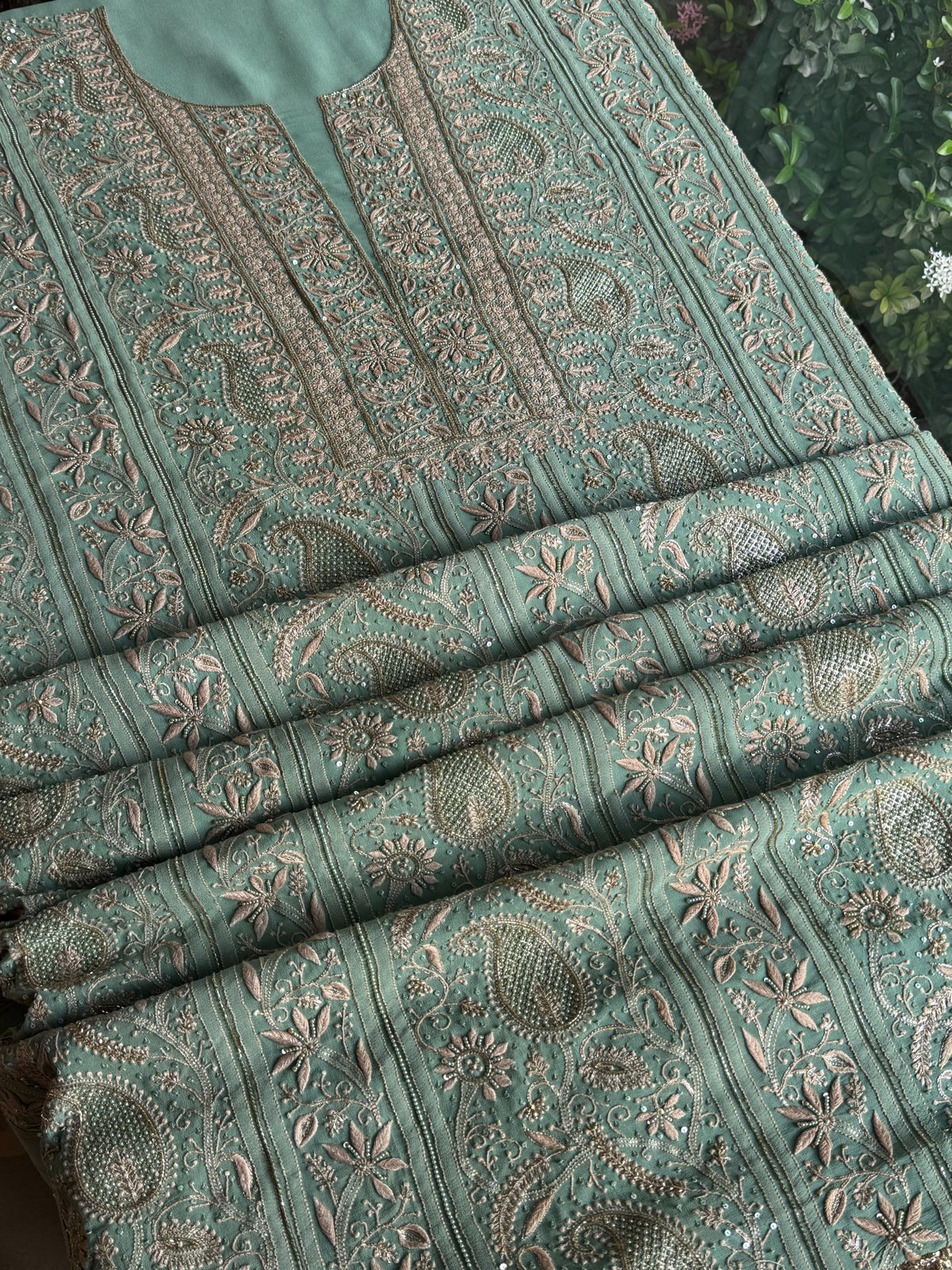 Green Superfine Pure Georgette Chikankari Kurta Set