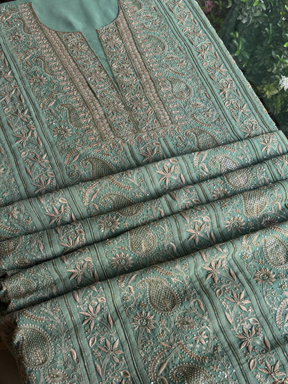 Green Superfine Pure Georgette Chikankari Kurta Set