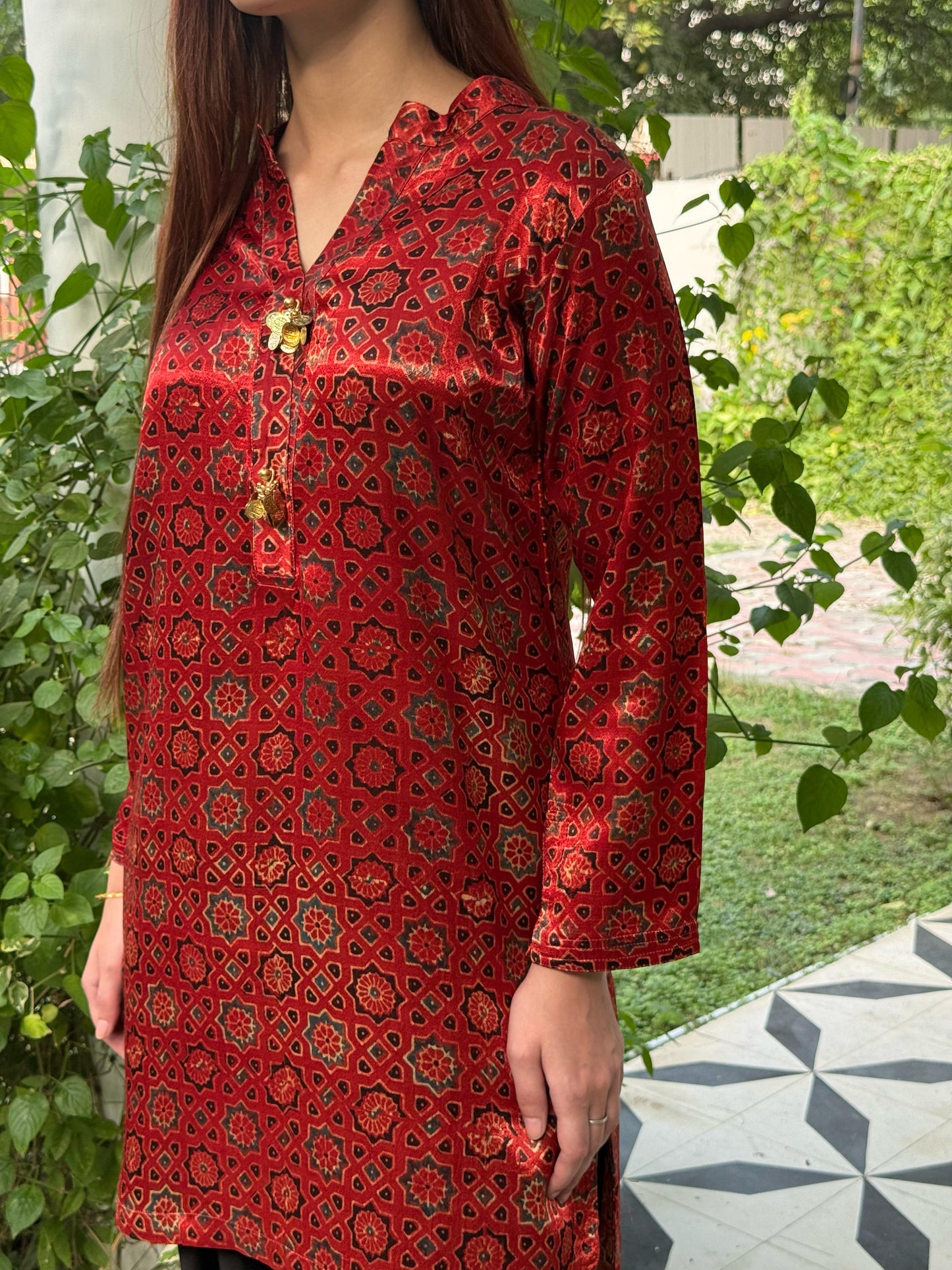 Ajrak Brick Red Shade Mashru Silk, Short Kurta