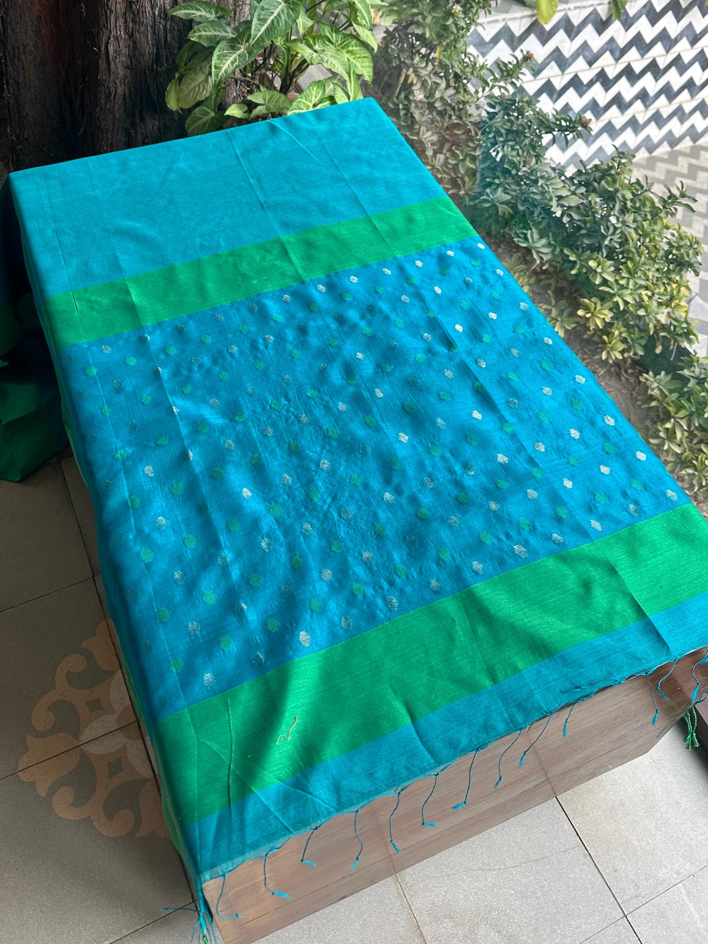 Blue Woven Butta Saree with Contrast Green Border