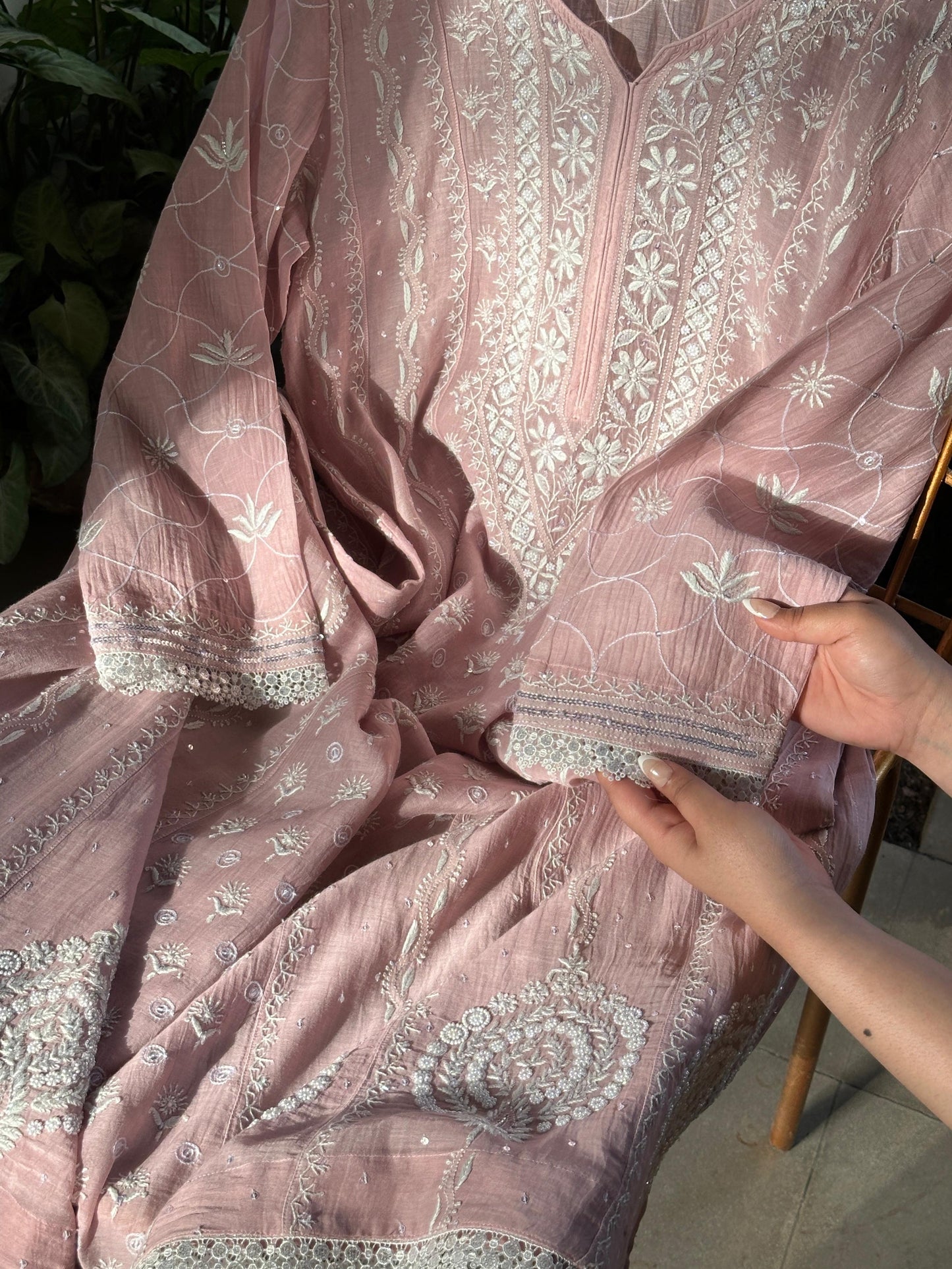 Pink Shade Malmal Pearl Work Chikankari Anarkali