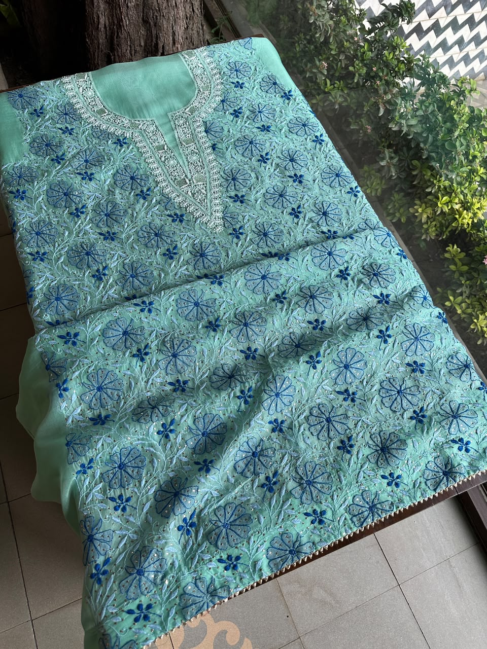 Blue Noor Organza Silk Chikankari With Kamdani Fabric