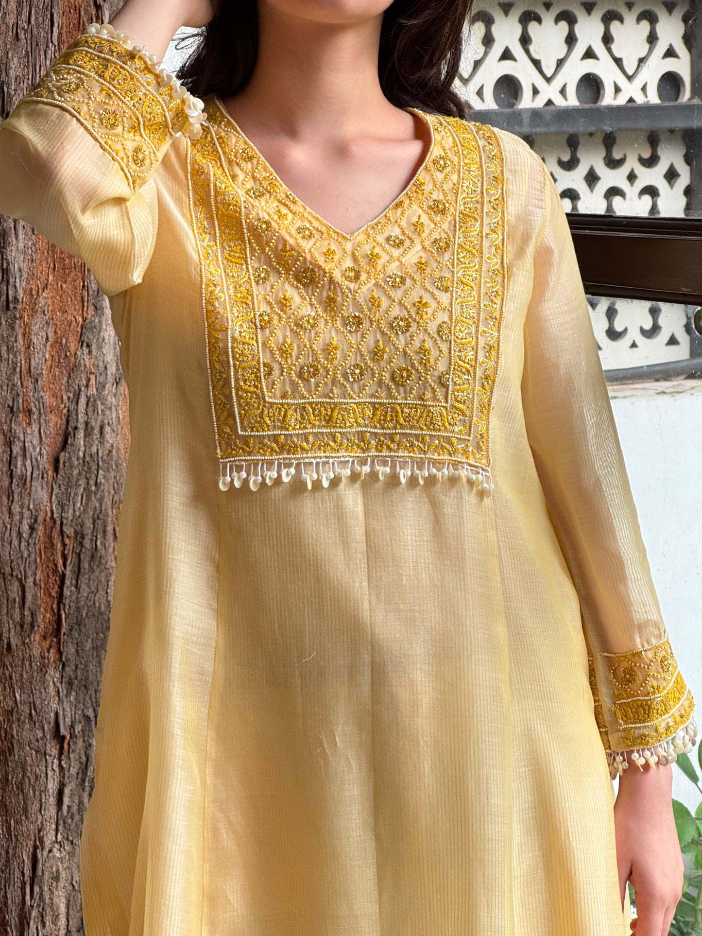 Butter Yellow Maheshwari Chikankari Kalidar Kurta Set