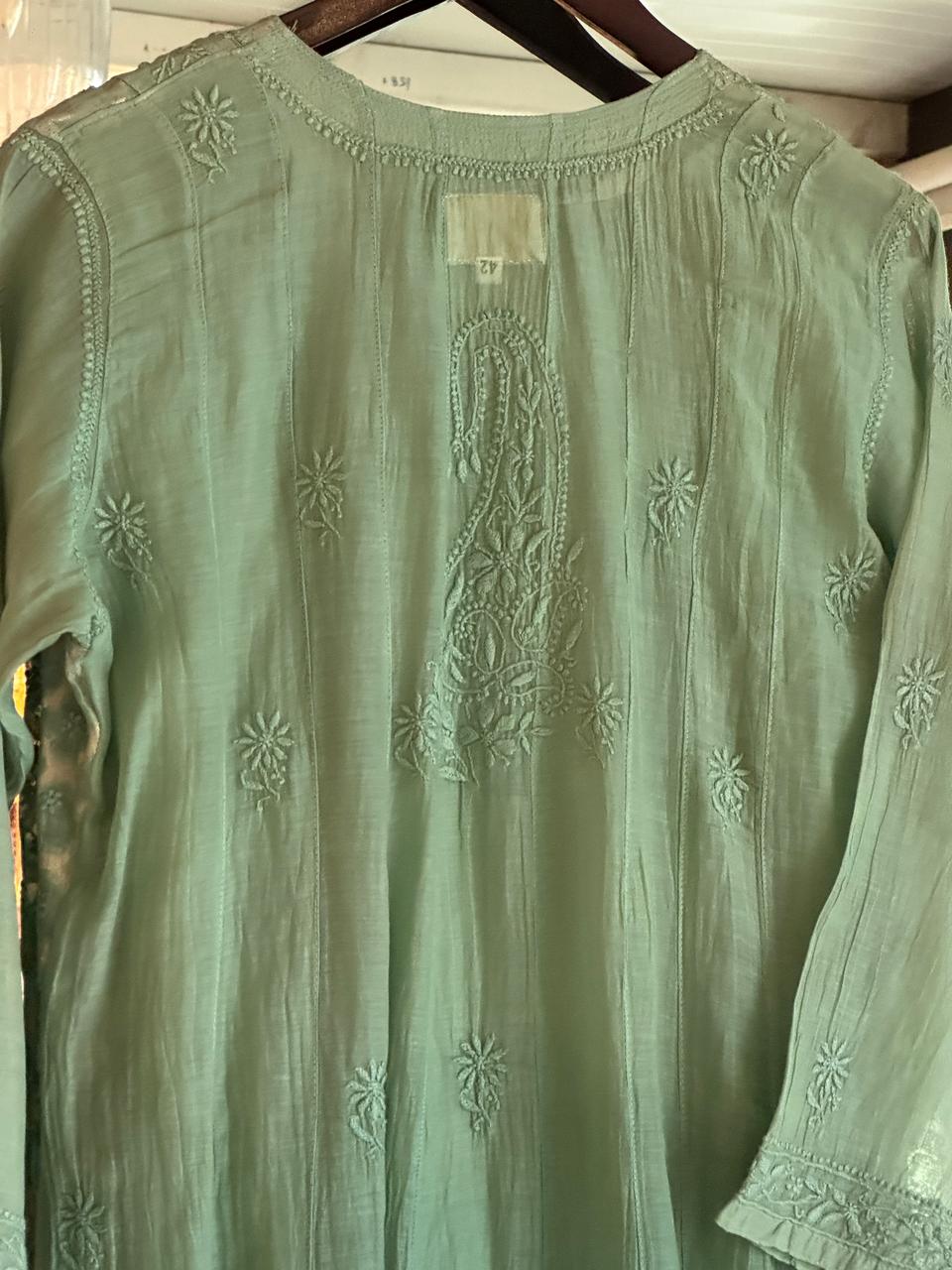Green Zari Chanderi Chikankari A Line Kurta with Slip