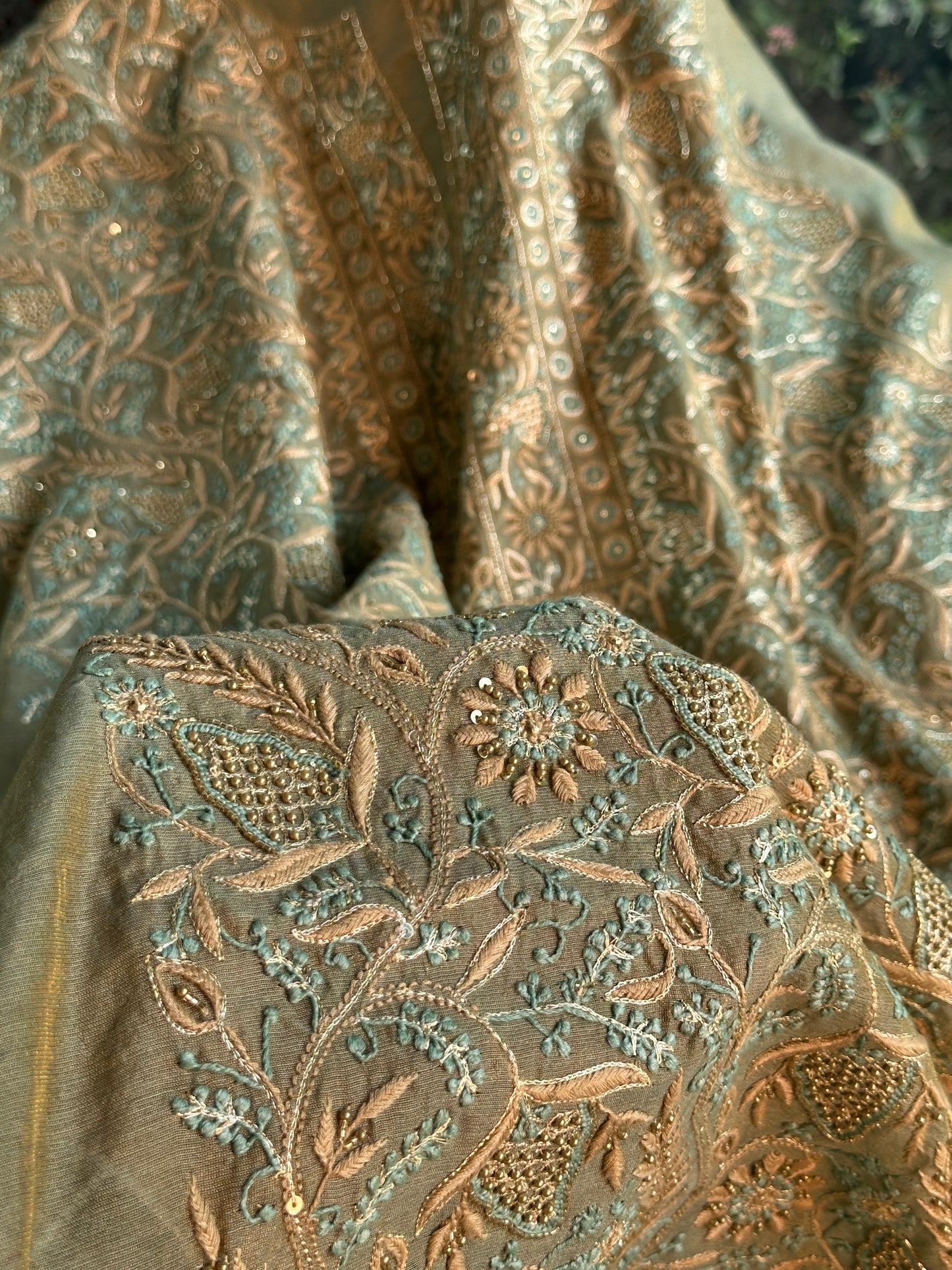 Cement Green Multi Shade Tissue Silk Chikankari Unstitched Fabric