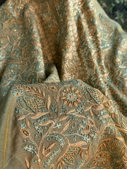 Cement Green Multi Shade Tissue Silk Chikankari Unstitched Fabric