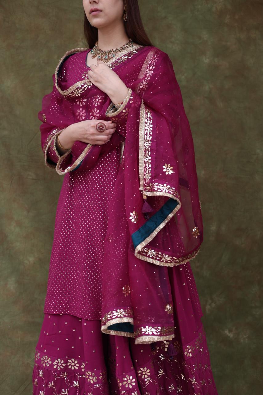 Mukaish Kamdani Plum shade Pure Georgette Kurta Gharara Set with Organza Dupatta