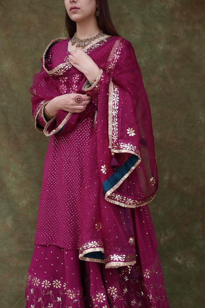 Mukaish Kamdani Plum shade Pure Georgette Kurta Gharara Set with Organza Dupatta