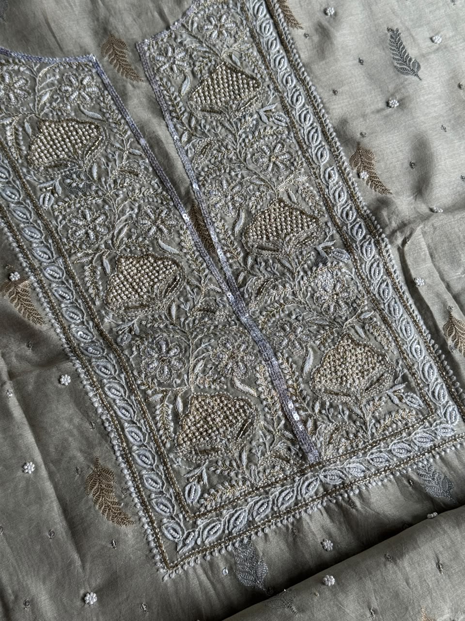 Grey Shade Banarasi Zari Chanderi Unstitched Chikankari Fabric