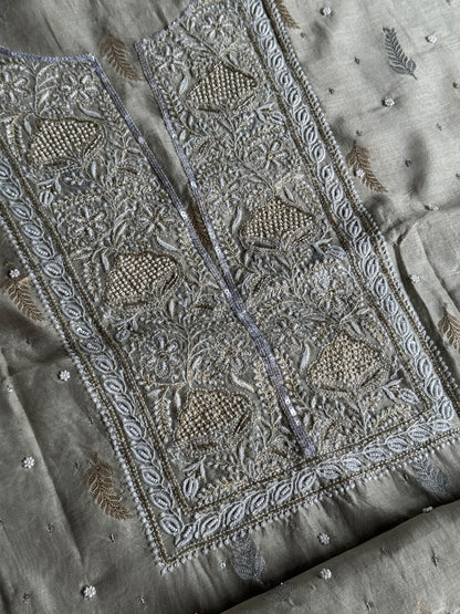 Grey Shade Banarasi Zari Chanderi Unstitched Chikankari Fabric