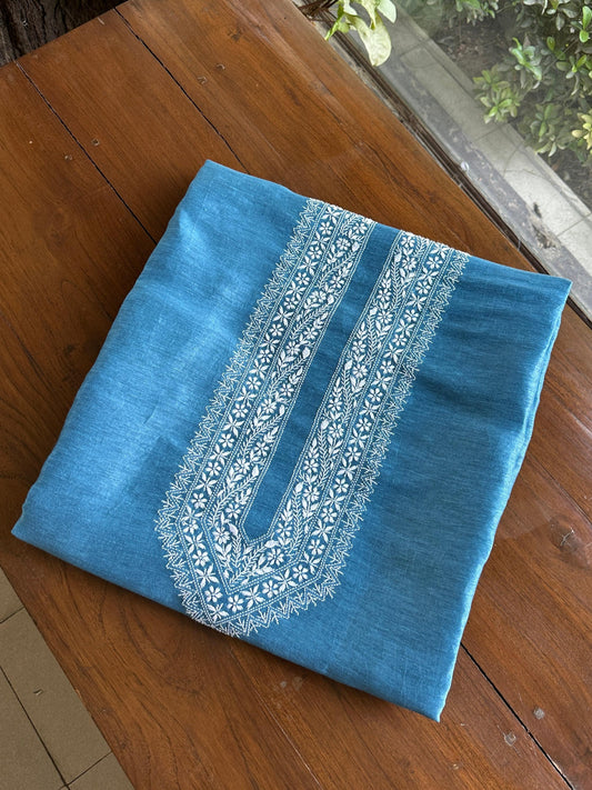 Royal Blue Linen Chikankari Unstitched Men's Kurtas Fabric