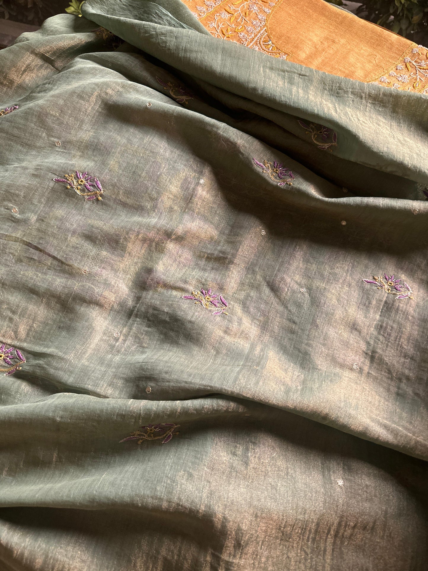 Sage Green & Purple Tissue Silk Chikankari Unstitched Fabric