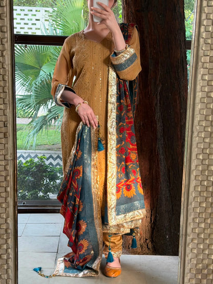 Turmeric Yellow Chikankari Pure Georgette Churidar Set with Kalamkari Dupatta