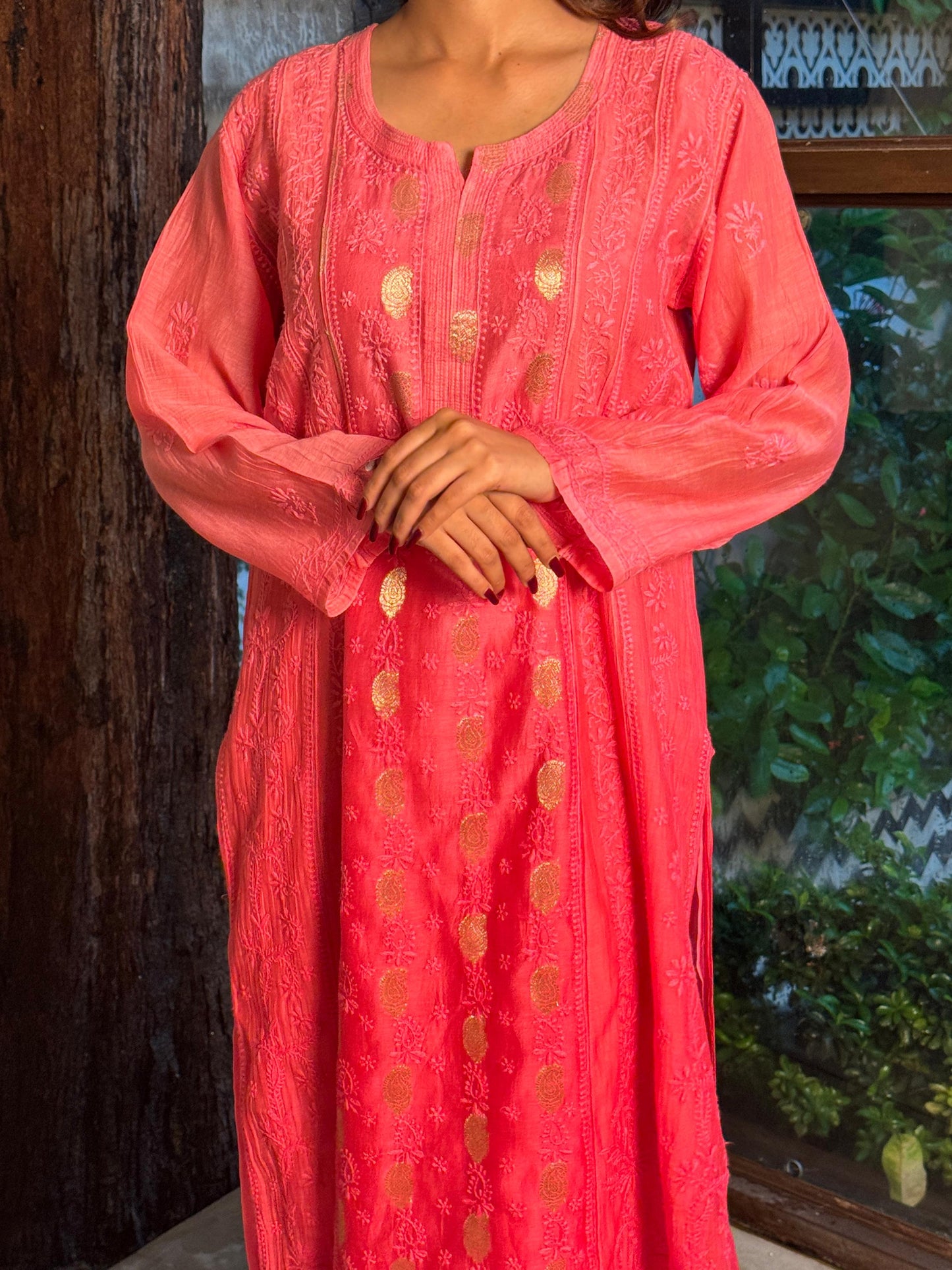 Pink Zari Chanderi Chikankari A Line Kurta with Slip