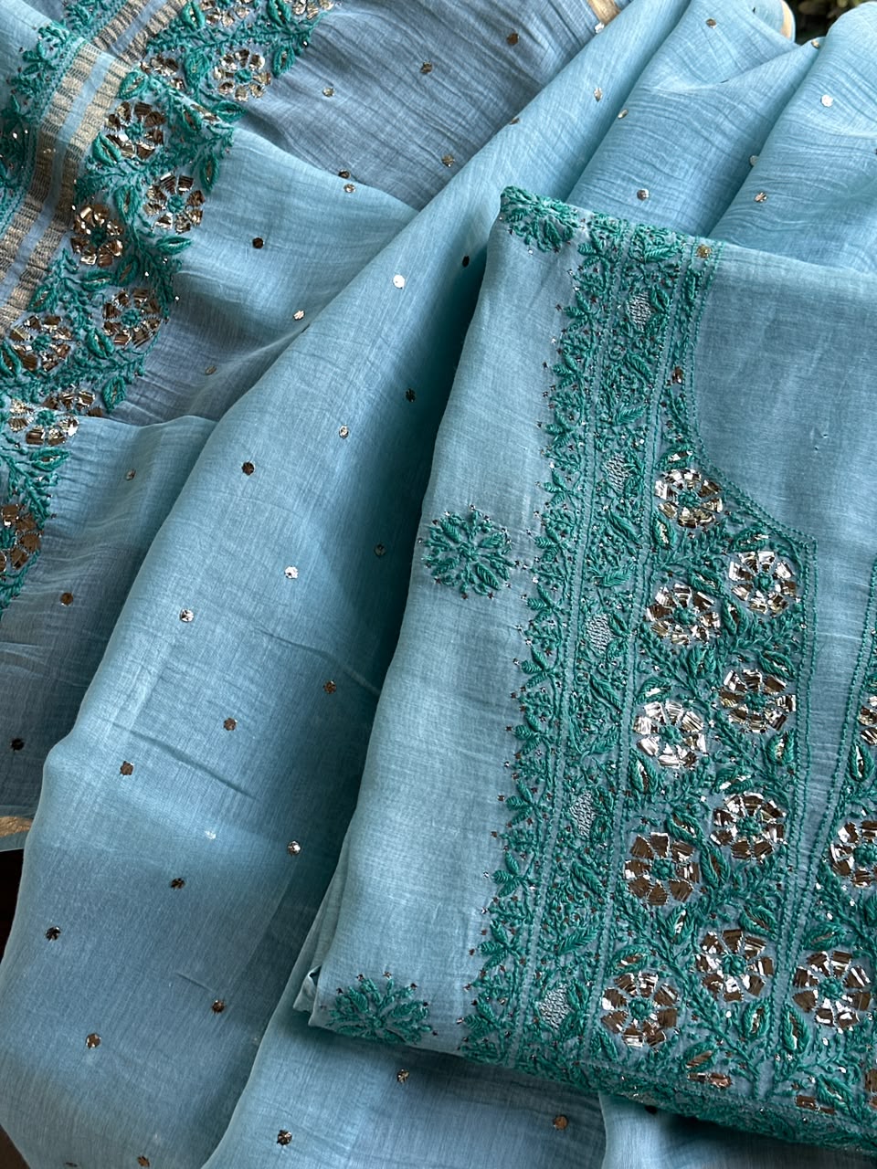 Blue Shade Mal Cotton Chikankari Unstitched Kurta Dupatta Fabric With Mukaish Badla