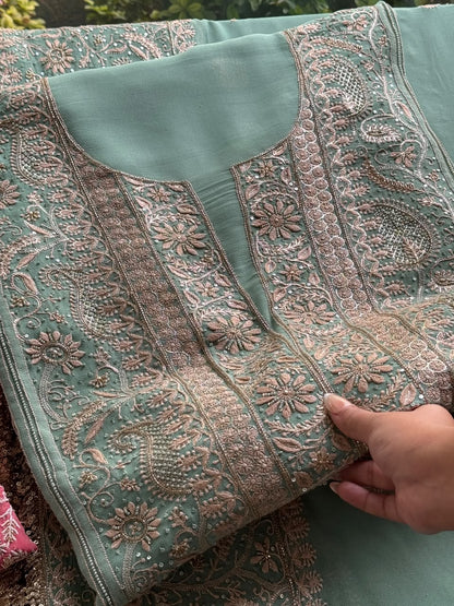 Green Superfine Pure Georgette Chikankari Kurta Set
