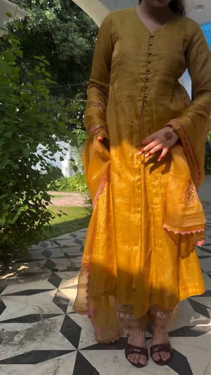 Mustard Yellow Tissue Silk Dagla Kurta Set