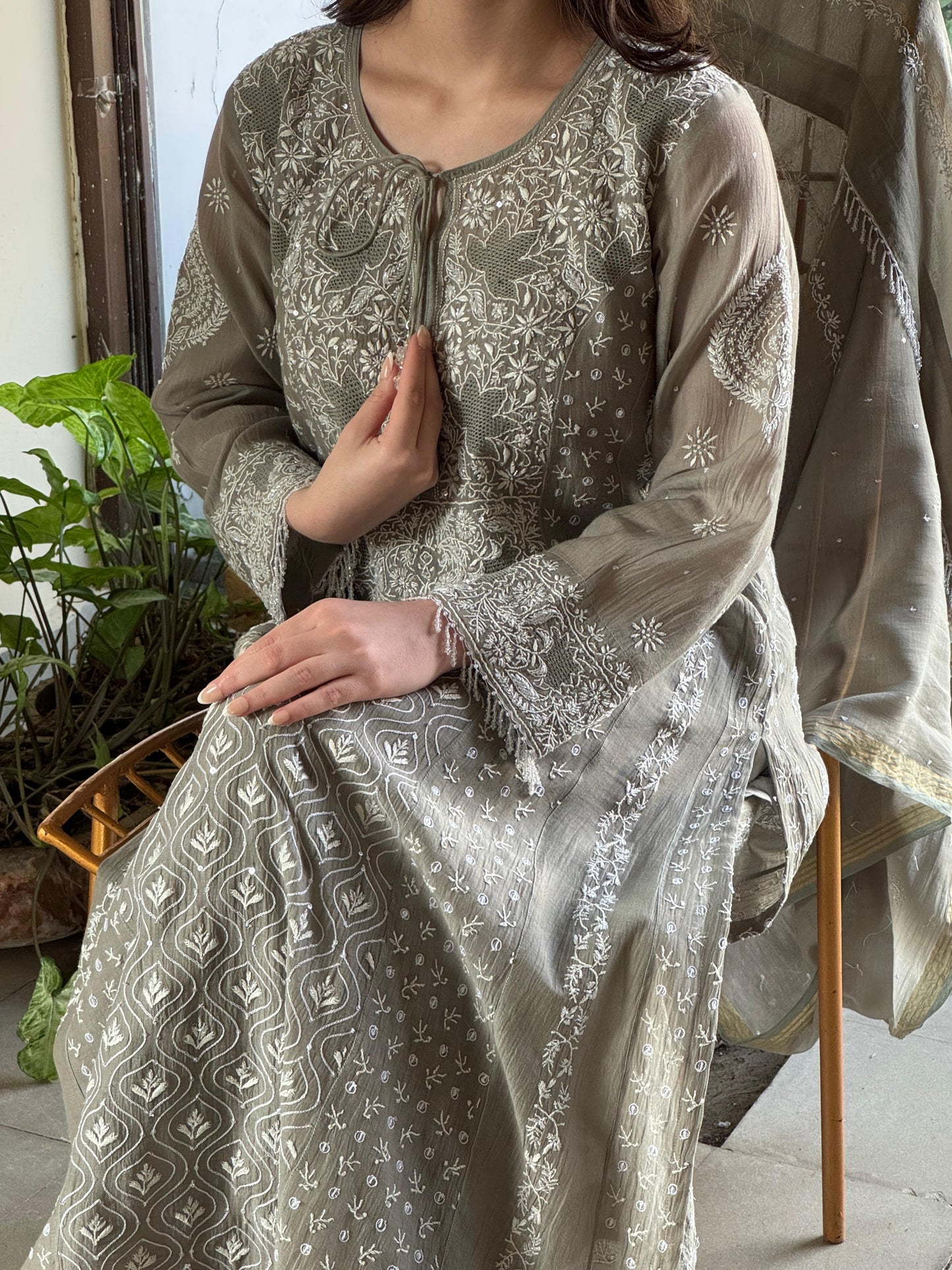 Slate Grey Shade Malmal Pearl Work Chikankari Anarkali
