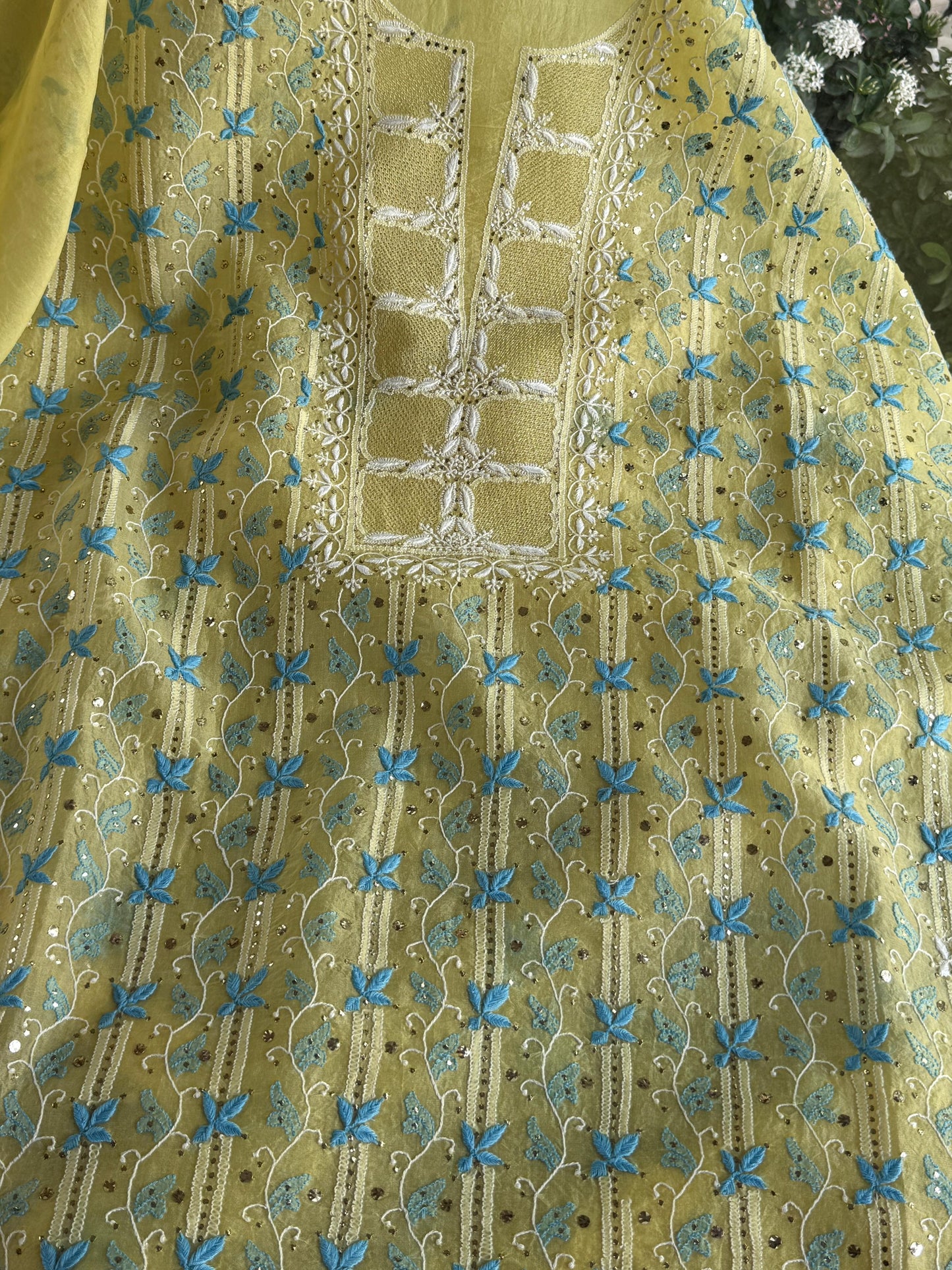 Lemon Yellow & Aqua Noor Organza Silk Chikankari With Kamdani Fabric