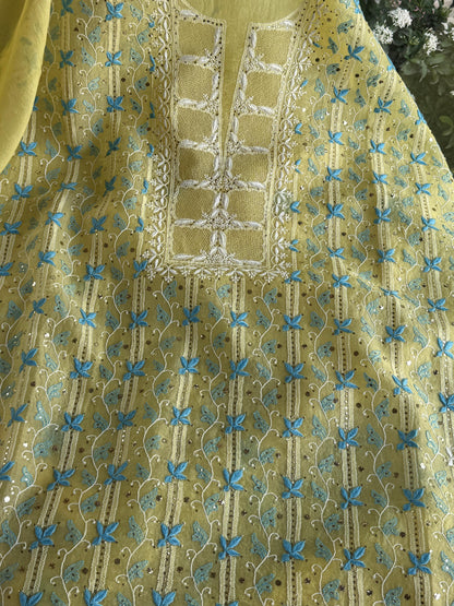 Lemon Yellow & Aqua Noor Organza Silk Chikankari With Kamdani Fabric