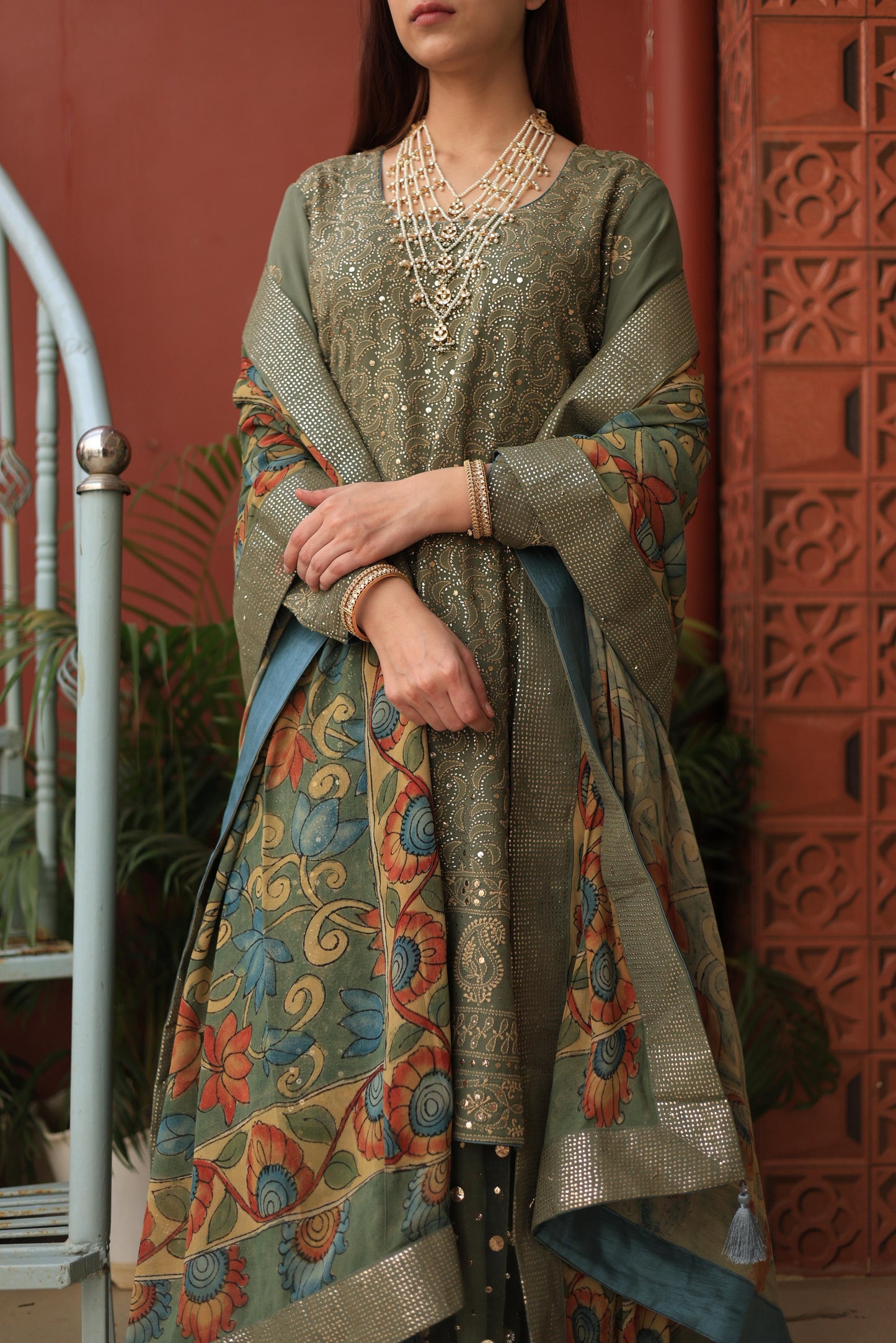 Mehndi Green Chikankari Pure Georgette Kurta Gharara Set with Kalamkari Dupatta