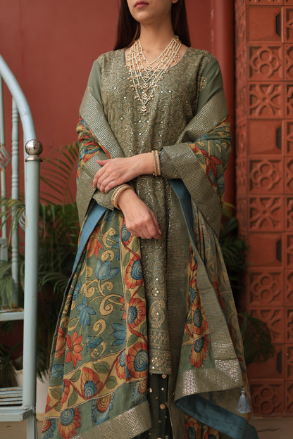 Mehndi Green Chikankari Pure Georgette Kurta Gharara Set with Kalamkari Dupatta