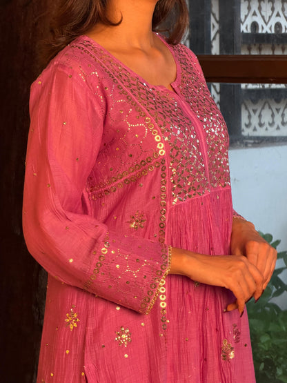 Deep Purple Mukaish Mul Chanderi Silk Ready To Wear Dress