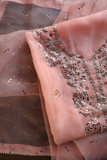 Coral Peach Shade Noor Organza Silk Badla Unstitched Kurta Dupatta Set