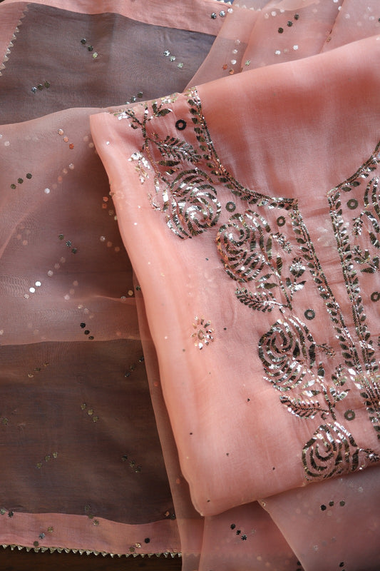 Coral Peach Shade Noor Organza Silk Badla Unstitched Kurta Dupatta Set